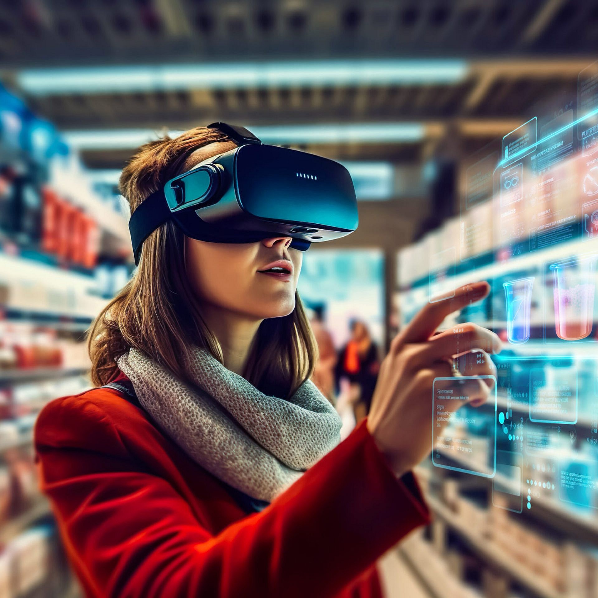 person wearing vr glass,virtual reality headsets and using virtual assistant or panel interface hologram transparent for shopping product.technology development.generative ai