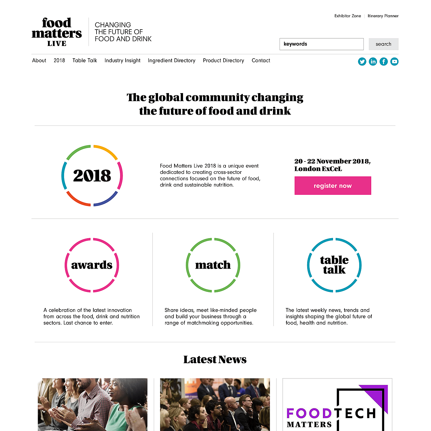 Straight Forward. Food Matters Live rebrand. Website home page design.