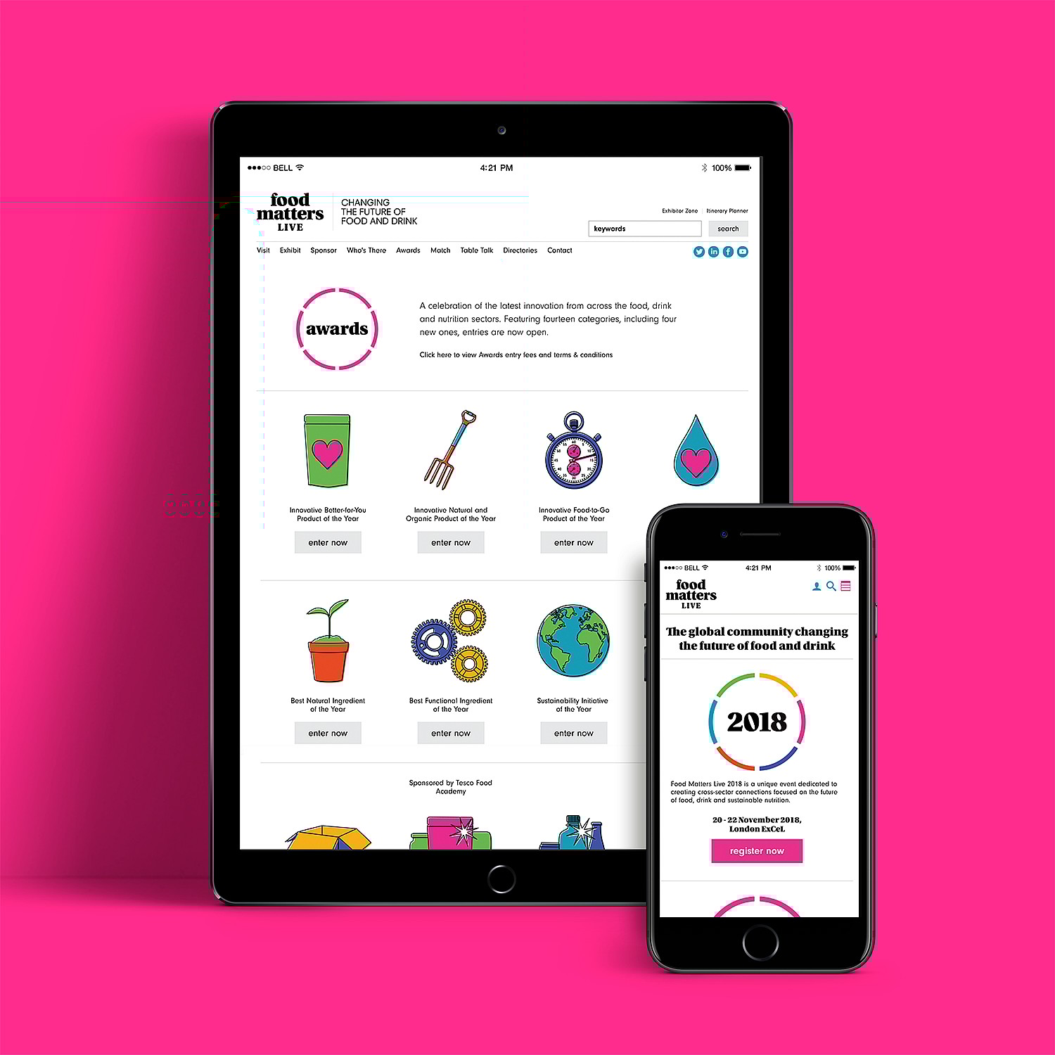 Straight Forward. Food Matters Live rebrand. Website home page on iPad and iPhone